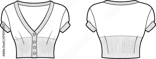 Short sleeve cropped cardigan fashion flat sketch front and back view with button closure and ribbed hem technical vector illustration