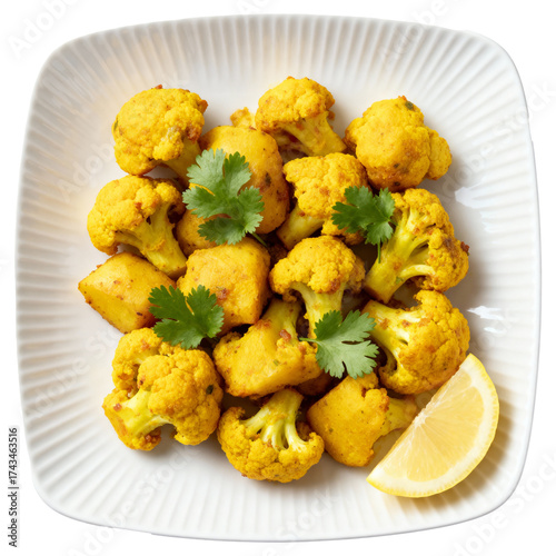 Healthy Homemade Aloo Gobi Curry with Fresh Coriander and Lemon Served on a Modern Plate