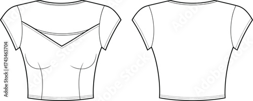Short sleeve fitted crop top fashion flat sketch with v neckline detail technical vector drawing front and back view
