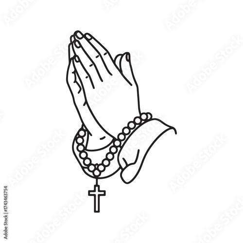Praying hands holding rosary, religious Christian prayer symbol, line art vector illustration.
