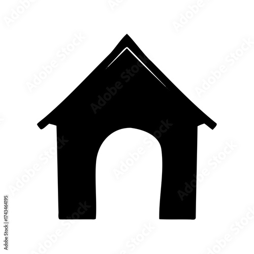A simple black silhouette of a dog house with arched doorway