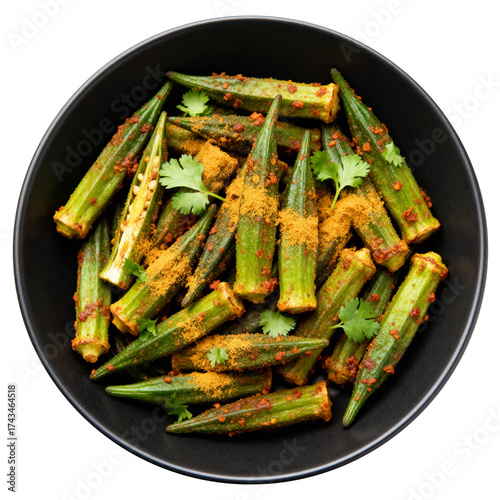 Gourmet Indian Bhindi Fry Masala with Fresh Cilantro in a Black Bowl