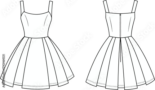 Sleeveless flared mini dress flat fashion sketch with fitted bodice pleated skirt and back zipper detailed technical vector design