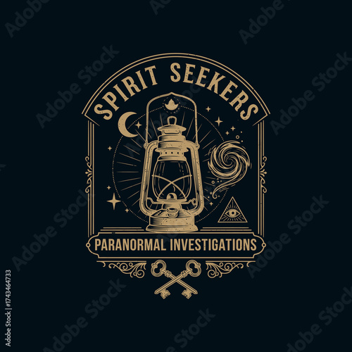 Vintage Spirit Seekers Paranormal Investigations Emblem with Lantern, Moon, and Keys.
