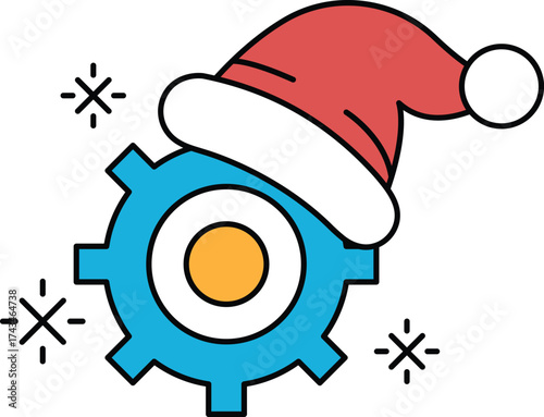 A black and white drawing of a gear with a Santa hat on top