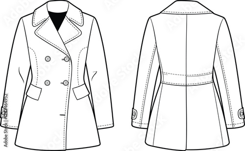 Stylish double breasted coat technical fashion flat sketch front and back view with lapel collar and pocket details vector illustration