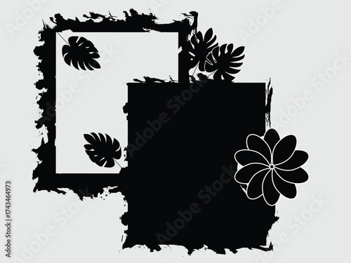 grunge floral frame with tropical leaves and abstract brush texture, black and white botanical border with grunge paint splashes, minimalist tropical leaf frame with artistic brush stroke design