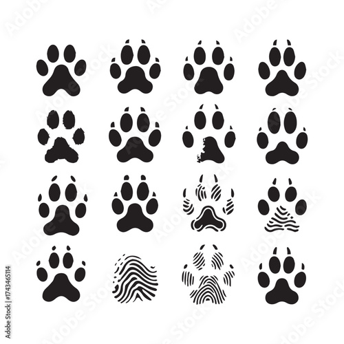 Collection of diverse animal paw prints and fingerprint patterns in black silhouette on a white background