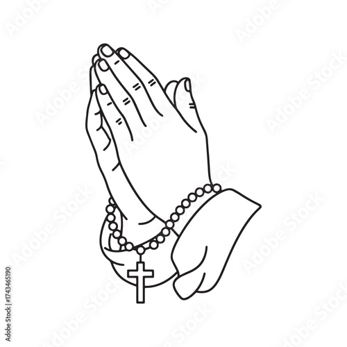 Praying hands holding rosary, religious Christian prayer symbol, line art vector illustration.
