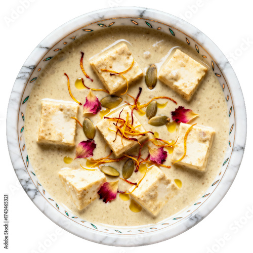 Gourmet Shahi Paneer in Marble Bowl, Top-Down Flat Lay Food Photography