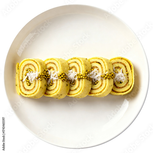 Gourmet Khandvi Rolls Plated Top-Down, a Traditional Indian Savory Vegetarian Snack