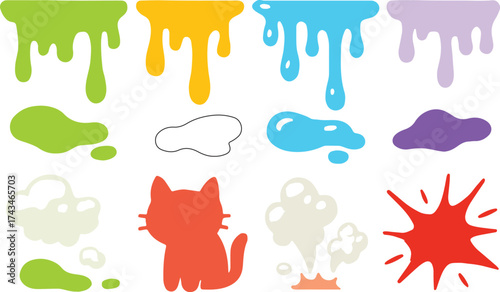 Colorful paint splatters and drips with cute cat illustration