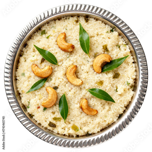 Top-Down View of Appetizing Indian Semolina Porridge, Upma with Cashews
