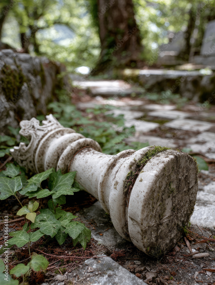 Obraz premium Fallen chess king piece in a mossy forest setting.