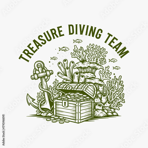 Vintage Treasure Diving Team Emblem with Chest and Anchor.