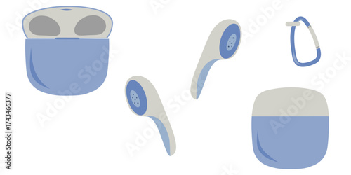 Wireless earphones set illustration, Earphone elements and case, Portable audio accessory 