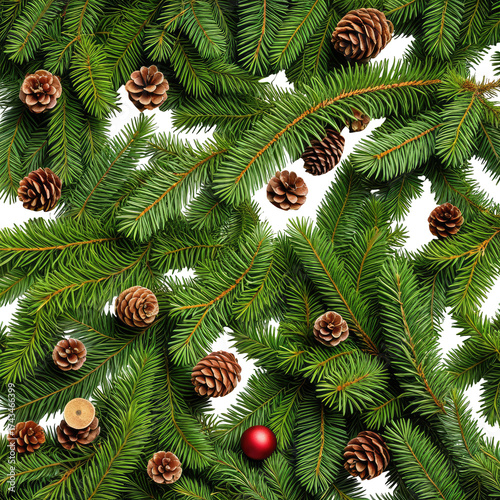 Festive Christmas foliage featuring green fir branches, pinecones, and a red ornament
