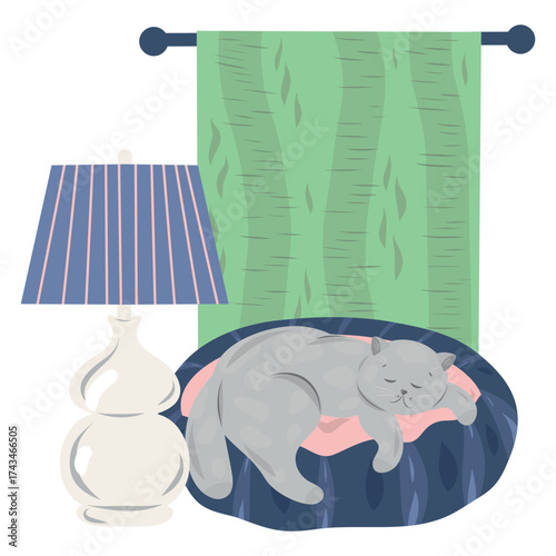 Sleeping Cat with Lamp and Curtains, Cozy Corner, Cat Nap Scene, Home Vibes