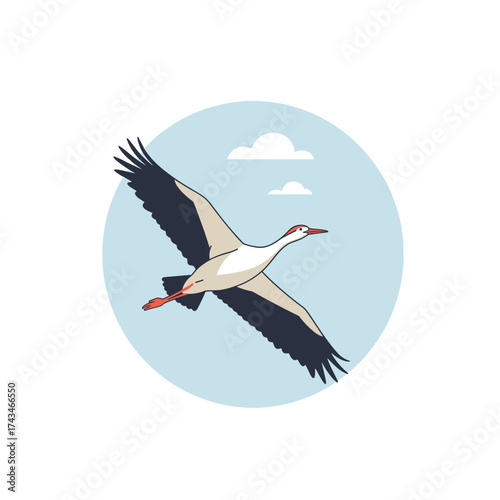 Cranes flying in the sky with a serene expression against a blue background