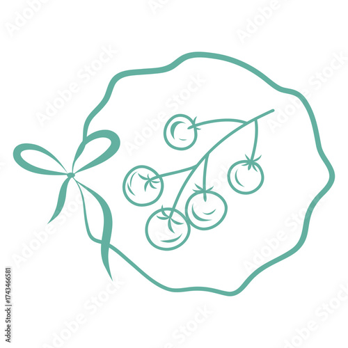 Tomato on Vine with Bow, Vegetables Sketch with Ribbon, Cherry Tomato Badge