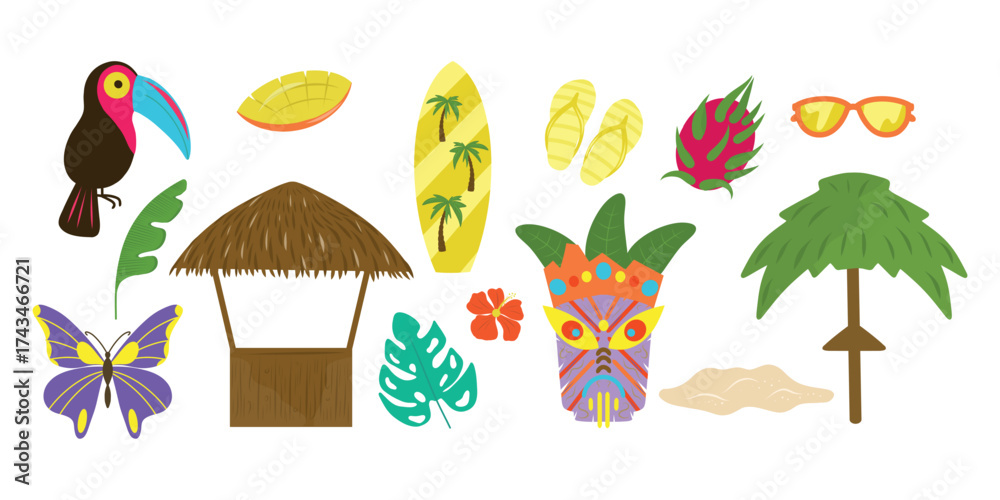 Obraz premium Tropical beach set, Tropical objects collection. Tiki mask, leaf, beach bar, dragon fruit, pitaya, toucan, butterfly, sunglasses, flip flops, sand, beach umbrella, mango, flower, surfboard.