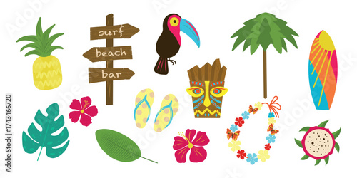 Tropical beach set, Tropical objects collection. Toucan, wooden beach sign, lei necklace, tiki mask, flower, pitaya, leaf, flip flops, pineapple, surfboard, beach umbrella, dragon fruit.