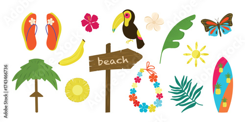 Tropical beach set, Tropical objects collection. Banana, toucan, flip flops, flower, leaf, butterfly, lei necklace, surfboard, pineapple, wooden beach sign, beach umbrella, sun.