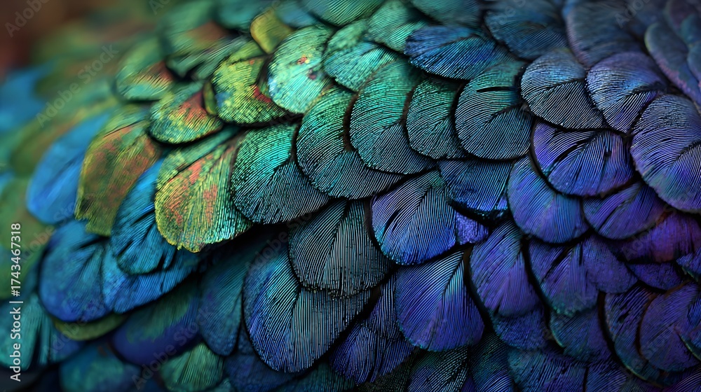 Obraz premium Exquisite detail captures the iridescent texture of layered feathers, showcasing a captivating blend of blues, greens, and purples, with soft, blurred edges and intricate patterns.