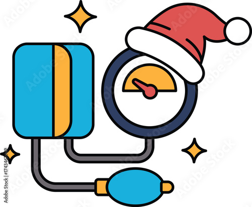 A black and white drawing of a blood pressure cuff with a Santa hat on top