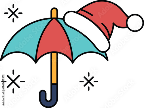 A black and white drawing of an umbrella with a hat on top of it