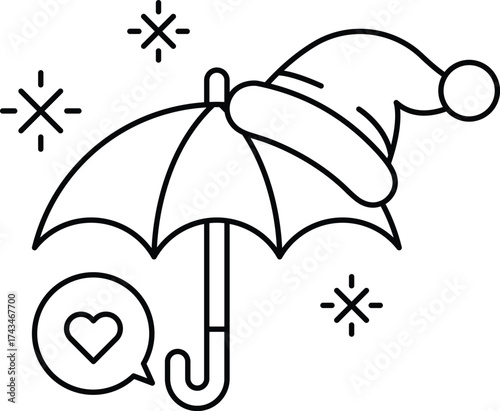 A black and white drawing of an umbrella with a hat on top