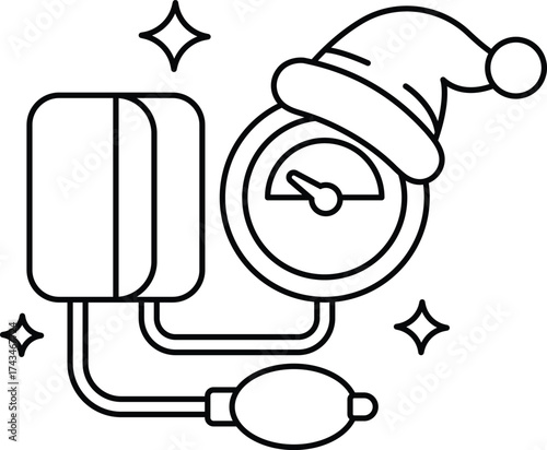 A black and white drawing of a blood pressure cuff with a Santa hat on top