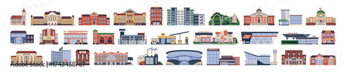 Municipal public buildings set. City church, hospital, school, bank and university exteriors. Hotel, airport, police, post office, shop houses. Flat vector illustrations isolated on white background