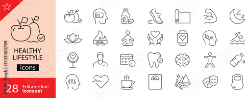 Healthy lifestyle icons set. Includes symbols of wellness, fitness, nutrition, meditation, exercise, and balanced living. Editable stroke. Vector illustration. Perfect for health, and wellbeing. 