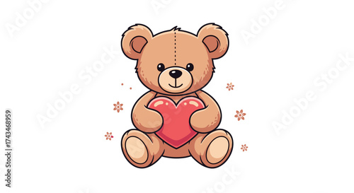 A fluffy brown teddy bear holding a red heart and surrounded by small pink stars.