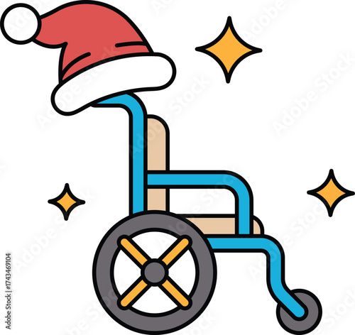 A black and white drawing of a wheelchair with a Santa hat on top