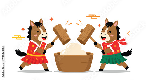 Two horses are making mochi in a wooden bowl.