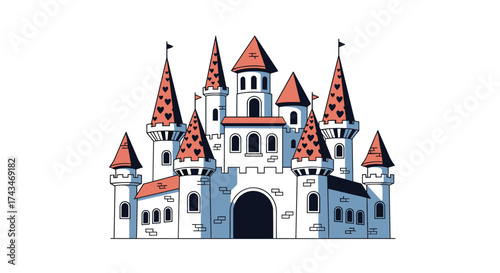 Magnificent fairytale castle with tall spires and flags.