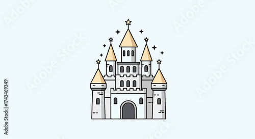 A whimsical white castle with golden spires and twinkling stars surrounding it.