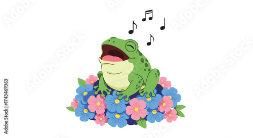 A green frog happily sings a song while sitting on a bed of blue and pink flowers.