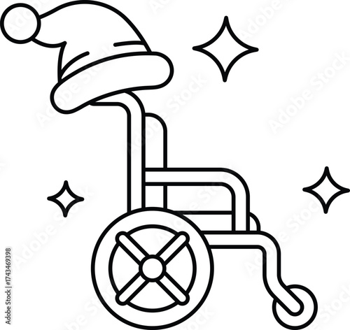 A black and white drawing of a wheelchair with a Santa hat on top