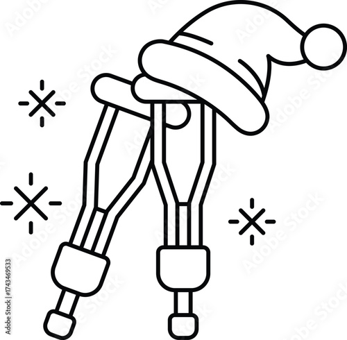 A black and white drawing of a pair of crutches with a hat on top of them