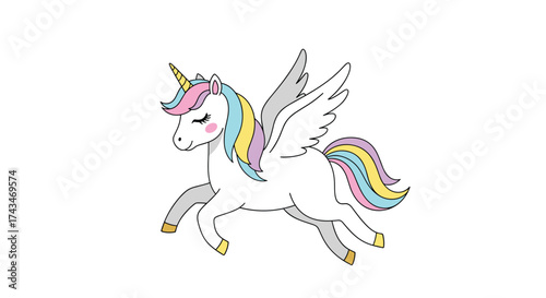 A magical winged unicorn prancing with pastel mane and tail colors.