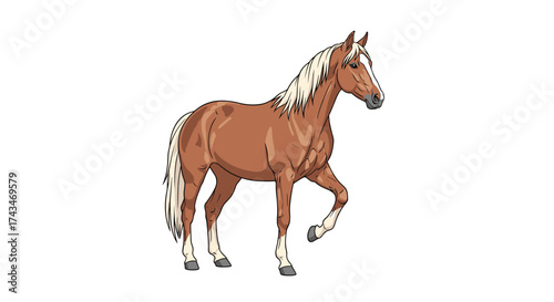 A beautiful brown horse with a flowing mane walks confidently forward.