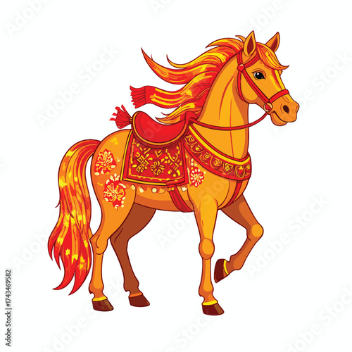 An illustration of a golden horse with red saddle and ornate decorations, isolated on a white background.