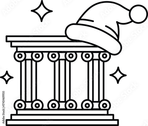 A black and white drawing of a building with a hat on top of it