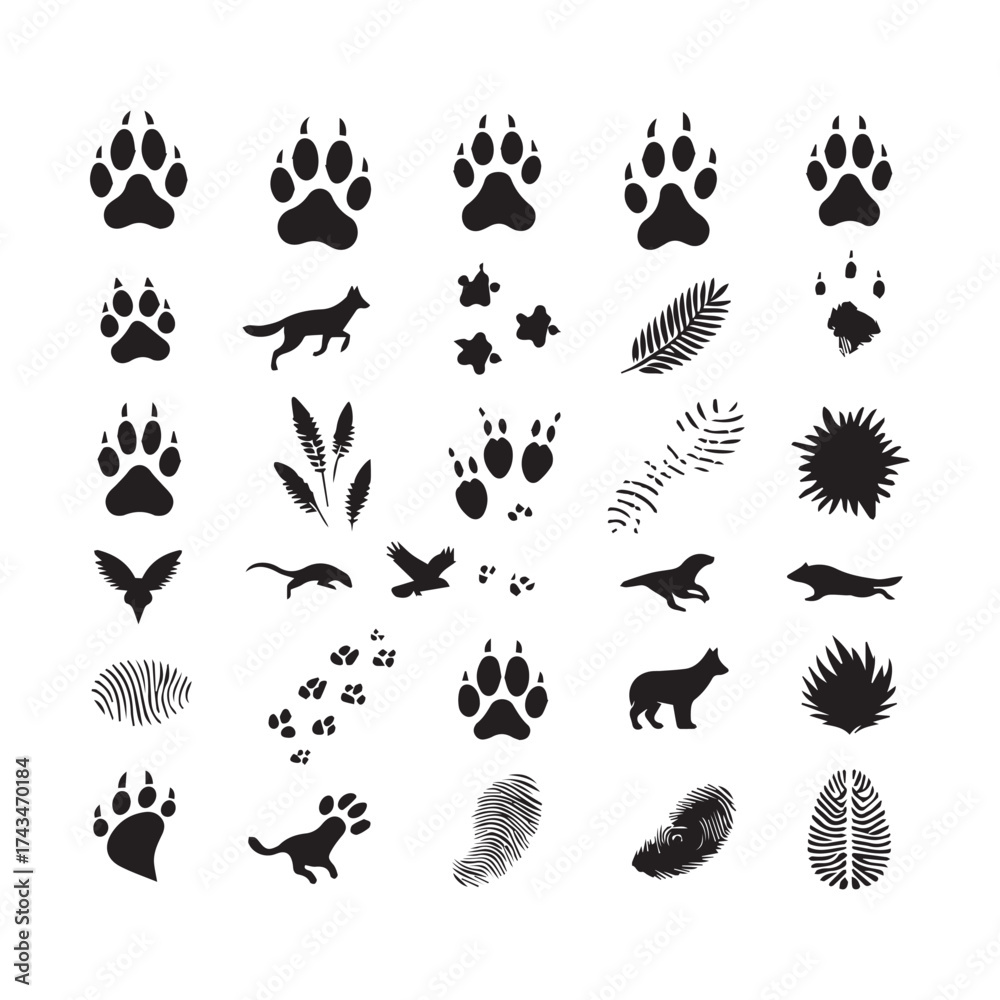 Naklejka premium Diverse collection of 30 black silhouette icons including animal paw prints, animal tracks, birds, reptiles, and fingerprints on a white background