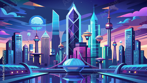 Futuristic city skyline glowing with holographic towers and floating bridges, surrounded by shimmering lights, reflecting innovation, smart energy, and harmony between architecture and technology.