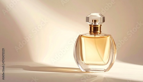 Elegant perfume bottle with a faceted crystal stopper on a soft background of light