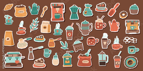 Set of coffee stickers cliparts isolated. Coffee concept. Coffee elements. Vector flat illustrations.